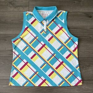 Lillie Green Golf Polo Sleeveless Womens XL Turquoise Yellow Pink Plaid